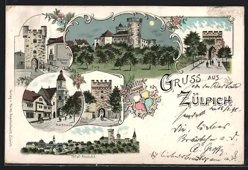 Lithographie Zülpich, Münster-Thor, Klön.-Thor, Totalansicht