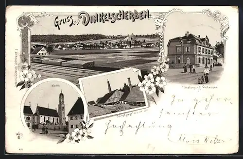 Lithographie Dinkelscherben, Kirche, Dampfziegelei, Handlung Viehauser