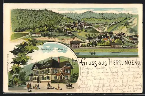 Lithographie Herrlingen, Gasthof z. gold. Kreuz, Totalansicht