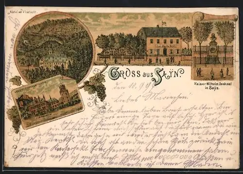 Lithographie Sayn, Kaiser Wilhelm Denkmal, Schloss