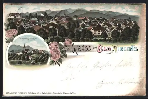 Lithographie Bad Aibling, Pfarrkirche mit Amtsgericht u. Schloss Brandseck, Totalansicht