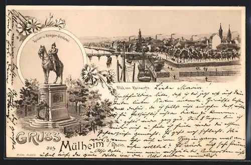 Lithographie Mülheim a. Rhein, Blick vom Rheinwerfte, Kaiser- und Krieger-Denkmal
