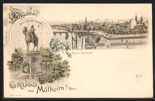 Lithographie Mülheim a. Rhein, Blick vom Rheinwerfte, Kaiser- und Krieger-Denkmal