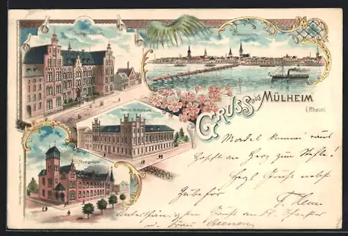 Lithographie Köln-Mülheim, Postgebäude, Realgymnasium, Städt. Webschule, Rheinansicht