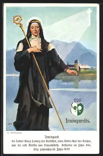 Künstler-AK Schutzpatronin Irmingard mit Blick auf eine Kirche