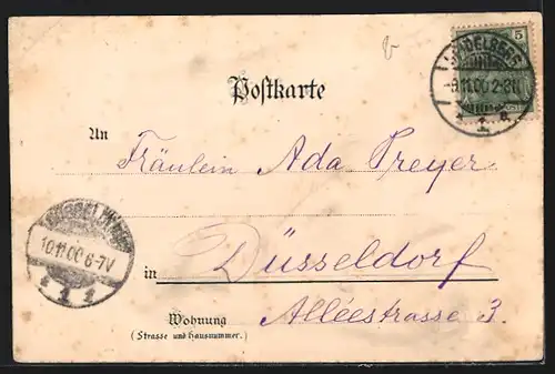 Lithographie Heidelberg, Nackte Figuren auf abfahrendem Zug reichen Briefträger einen Brief, mit Schaffner