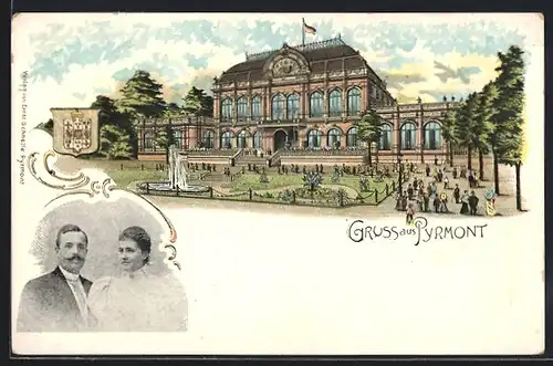 Lithographie Pyrmont, Fürstenpaar von Waldeck-Pyrmont, Kurhaus mit Anlagen, Wappen