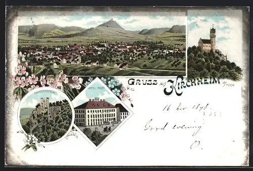 Lithographie Kirchheim unter Teck, Ortsansicht aus der Vogelschau, Hotel Post, Ruine Reussenstein und Burg Teck