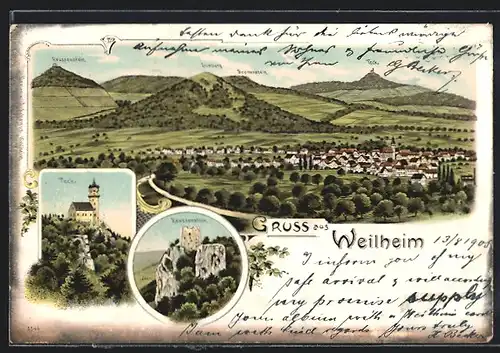 Lithographie Weilheim, Burgen Teck und Reussenstein, Gesamtansicht mit Bergen