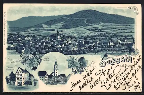 Lithographie Sulzbach, Schloss Lautereck, Gesamtansicht aus der Vogelschau