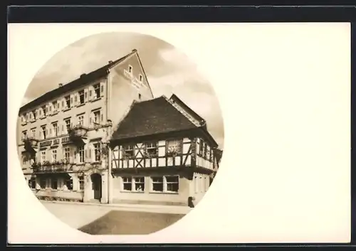 Passepartout-AK Gernsbach bei Baden-Baden /Murgtal, Hotel-Pension zum goldenen Stern u. Hirsch C. Brude, Strassenansicht