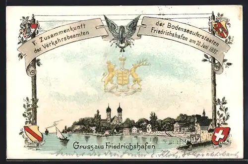 Lithographie Friedrichshafen, V. Zusammenkunft der Verkehrsbeamten der Bodenseeuferstaaten