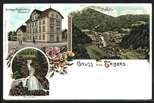 Lithographie Triberg, Hotel Kurhaus-Posthalterei, Wasserfall