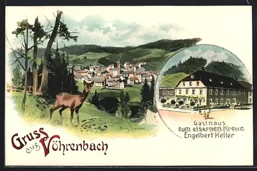 Künstler-AK Vöhrenbach, Gasthaus zum eisernen Kreuz, Ortsansicht, Ortsansicht