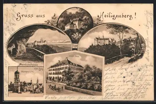 AK Heiligenberg, Hotel Post, Glockenturm, Fürstl. Schloss