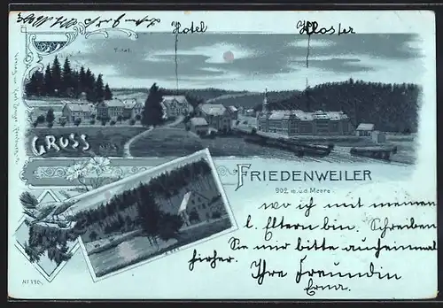 Mondschein-Lithographie Friedenweiler, Seepartie, Totalansicht