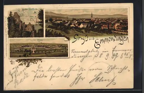 Lithographie Emmendingen, Heil- und Pflegeanstalt, Ruine Hochburg, Ortsansicht