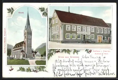 Passepartout-AK Griessen, Gasthaus zum Hirschen J. Stoll, Kirche