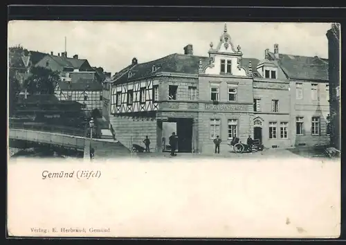 AK Gemünd /Eifel, Hotel Bergemann mit Brücke und Ortspartie