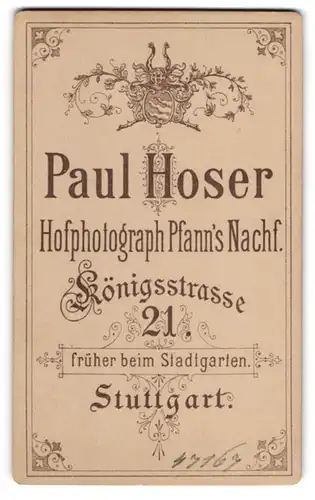 Fotografie Paul Hoser, Stuttgart, Königsstr. 21, königliches Wappen thront über der Anschrift des Ateliers