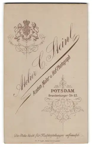 Fotografie C. Steinl, Potsdam, königliches Wappen mit Einhorn und Löwe über Anschrift des Atelier