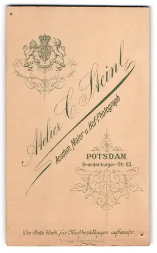 Fotografie Atelier C. Steinl, Potsdam, Brandenburger-Str. 63, Wappen mit Löwe und Einhorn, Anschrift des Ateliers