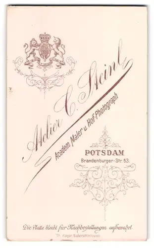 Fotografie C. Steinl, Potsdam, Brandenburger-Str. 63, kgl. Wappen mit Löwe und Einhorn, Anschrift des Ateliers