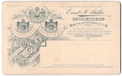 Fotografie Ernst J. Müller, Reichenberg, Neustädterplatz 16, königliche Wappen Auszeichnungs Medaillen