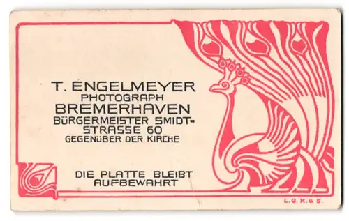 Fotografie T. Engelmeyer, Bremerhaven, Bürgermeister Smidt-Str. 60, stilistisch dargestellter Pfau nebst Anschrift