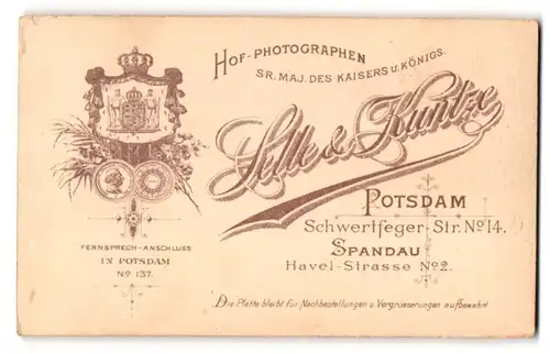 Fotografie Selle & Kuntze, Potsdam, Schwetfeger-Str. 14, Königlich Kaiserliches Wappen nebst Anschrift des Ateliers