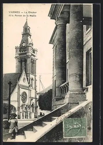 AK Viarmes, Le Clocher et le Perron de la Mairie mit kleinem Mädchen auf der Treppe