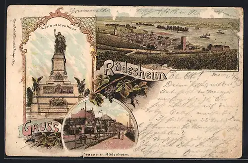 Lithographie Rüdesheim, Nationaldenkmal, Strassenpartie, Ortsansicht