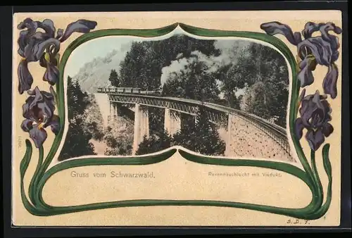 AK Breitnau, Ravennaschlucht mit Viadukt, Dampfzug