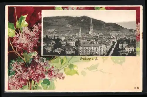 AK Freiburg i. B., Ortsansicht mit Blumen