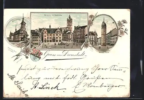 Lithographie Darmstadt, Martinskirche, Marktplatz mit Stadtkirche, Weisser Turm