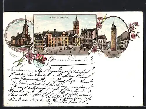 Lithographie Darmstadt, Marktplatz mit Stadtkirche, Martinskirche, Weisser Turm