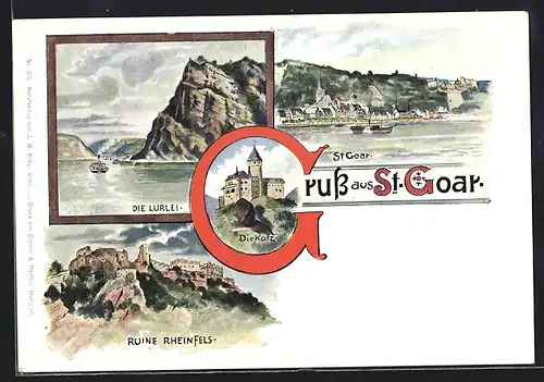 Lithographie St. Goar, Loreley, Ruine Rheinfels, Ortsansicht