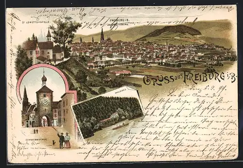 Lithographie Freiburg i. B., Schwabentor, Waldsee, St. Lorettokapelle, Ortsansicht
