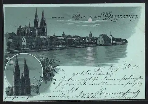 Lithographie Regensburg, Dom und Ortspartie am Flussufer
