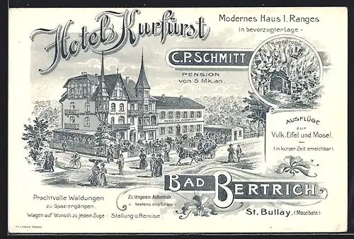 Lithographie Bad Bertrich, Hotel Kurfürst v. C. P. Schmitt, vulk. Eifel u. Mosel