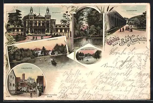 Lithographie Bad Nauheim, Teichhaus, Cransberg, Badehaus, Kurbrunnen