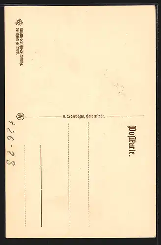 Steindruck-AK Halberstadt, Haus mit Stelzfuss, Eimerträgerin