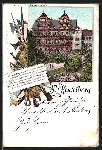 Lithographie Heidelberg, Friedrichsbau, Schlosshof