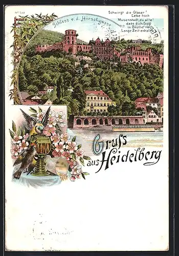 Lithographie Heidelberg, Schloss v. d. Hirschgasse