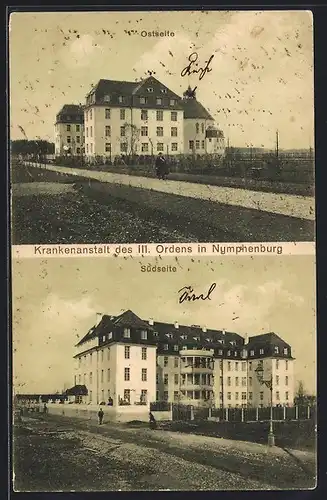 AK München-Nymphenburg, Krankenanstalt des III. Ordens, Ostseite und Südseite