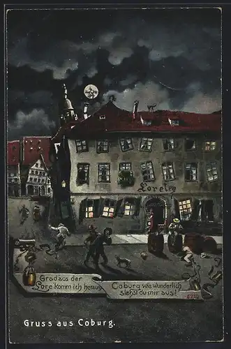 Wirtshaus-AK Coburg, Gasthaus Loreley, Ort aus der Sicht eines Betrunkenen