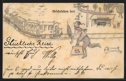 Künstler-AK Handgemalt: Herr eilt Eisenbahn hinterher, Glückliche Reise