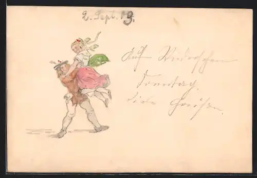 Künstler-AK Handgemalt: Fröhliches Liebespaar