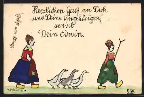 Künstler-AK Handgemalt: Paar in niederländischer Tracht