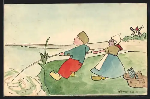 Künstler-AK Handgemalt: Paar in niederländischer Tracht beim Angeln